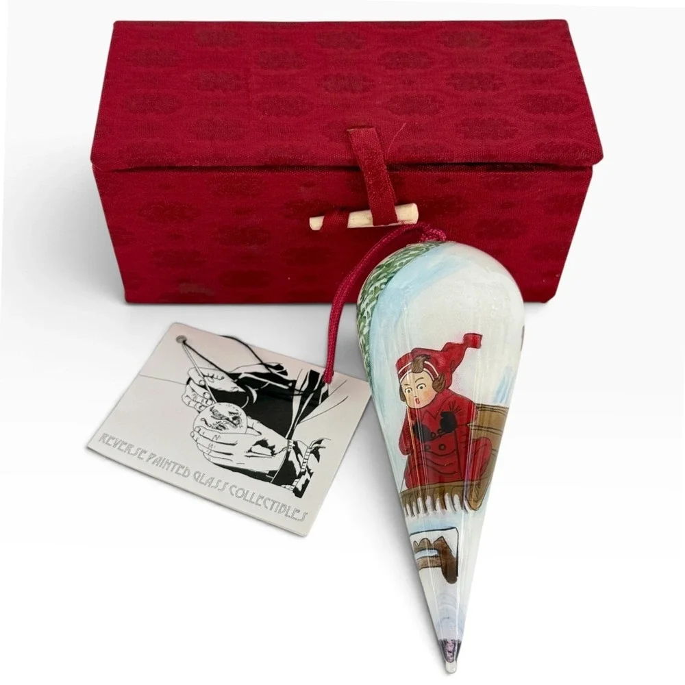 Chase International Reverse Hand Painted Glass Ornament Winter Sledding Teardrop
